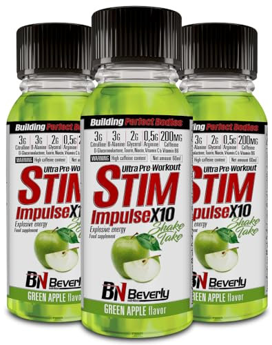 Beverly STIM IMPULSE X10 | Pre entreno 20 viales x 60 ml | Sabor Manzana | Beta Alanina, Citrulina, Glicerol, Arginina y Cafeína | Potencia los entrenamientos