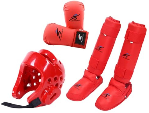 Harilla Ensemble D'équipement de Karaté avec Protège-Tibias, Couvre-Chef de Boxe D'entraînement, pour Arts Martiaux, Sanda, Grappling, Rouge M