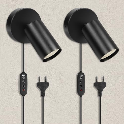 HOTUT Wandlampe mit Schalter und Stecker, 2 Stücke Innen GU10 Wandleuchte, Schwarz Wandstrahler Drehbare 350° Vintage Wandspot für Wohnzimmer, Schlafzimmer, Flur Ohne Leuchtmittel