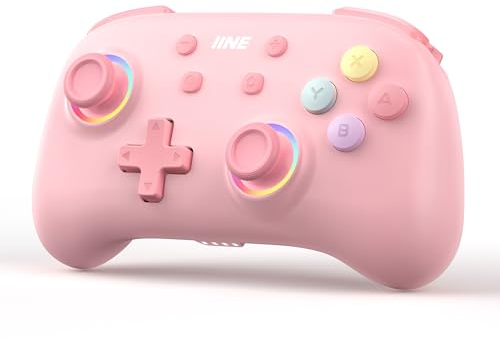 IINE Kabelloser Controller für Switch/PC/Android/IOS, Niedlicher Gamepad mit RGB-Beleuchtung, Mini Pro Controller mit Turbo/Makro/NFC Amiibo/Bewegungssensor/Wake-Up/Rumble (Pink)