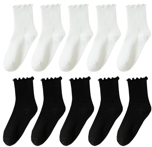 Lunyloer Ruffle Socks Kvinnor, 10 par frillstrumpor, strumpor med frills, damstrumpor Princess, söta strumpor för kvinnor flickor (Vit, Svart)