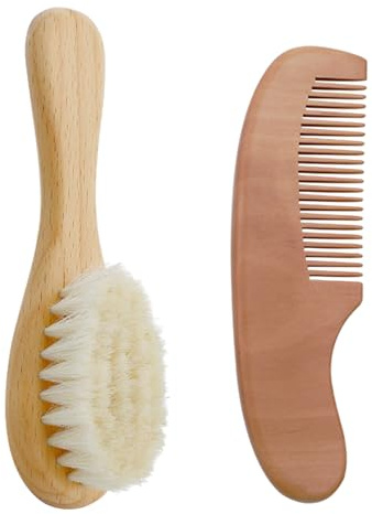 Juego de cepillo y peine de madera con cerdas de cabra naturales, cepillo de pelo de bebé, masaje y calmante para viaje