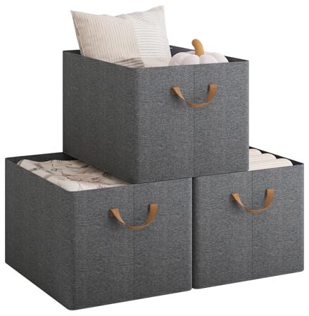 WOLTU ABB11gbn-3-UK Foldable Storage Boxes Set of 3, Fabric Storage Cubes with Handles, Stacking Boxes for Clothes and Toys, Grey, 47 x 35 x 30 cm