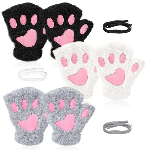 EUPSIIU 3 Pare Katzenpfote Handschuhe, Fingerlose Handschuhe Winter, Furry Paw Hand Handschuhe, Kunstpelz Plüsch Katzen Handschuhe für Frauen, Fingerless Gloves, Winter Fausthandschuh