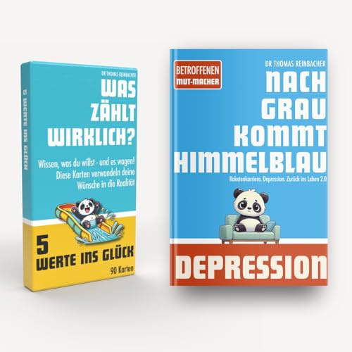 Himmelsblå depression och burnout mod-mach gåva för drabbade och släktingar, set från boken Efter grått kommer terapikort 5 värden till lycka, mindfulness gåva, terapiverktyg