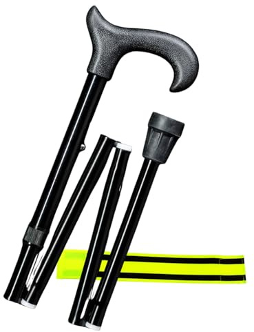 Gehstock Faltstock 4-teiliger höhenverstellbar faltbar Uni-Ergonomic Derby – aus Aluminium mit ergonomischem Derby-Griff + Olanmarp Klettarmband mit Streifen (Schwarz)