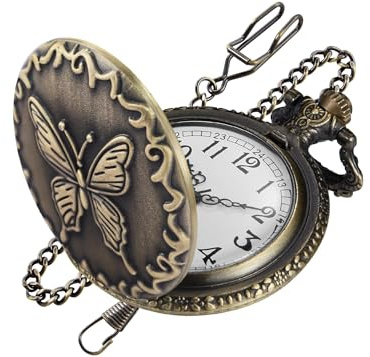Realpoo Bronze Solid Face Butterfly Design Quartz Men's Pocket Watch, Arabic Numeral Dial with Chain Pocket Watch for Men
