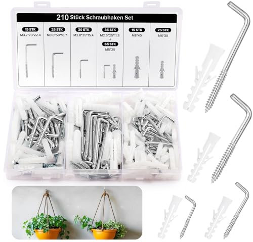 REJOECE 210 Pièces Crochets à Visser en Forme de L, Crochets en Acier Inoxydable à Angle Droit avec Tubes d’Expansion, Blanc Crochet à Vis Pour Mur et Plafond, Pour Accrocher à La Maison, Bureau