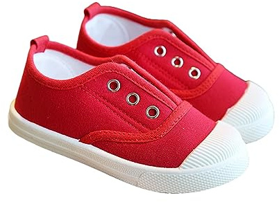 Kids Flat Canvas Shoes Toddler Boys Girls Lace-up Pumps Plimsolls with Toe Non Slip Trainers Soft Sole Sports Shoes School Gym Sneakers (Red, 9 Little Child)