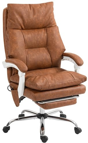 HOMCOM Silla de Escritorio con Soporte Lumbar Inflable, Tapizada en PU, Silla de Oficina Giratoria con Reposapiés, Respaldo Reclinable, Respaldo Alto, Altura Ajustable, Marrón