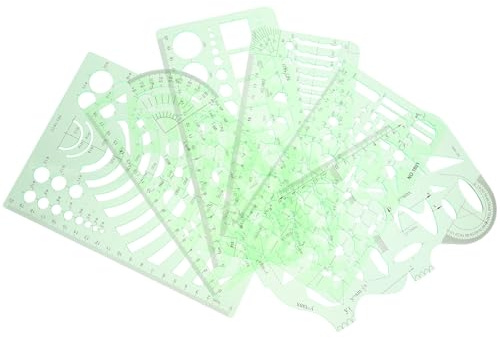 NULYLU Geometric Drawing Template Stencils Set 6pcs with Circle Ruler for Architecture Drafting, Pet Material Precision Templates for Technical Drawing and Painting, Suitable for School