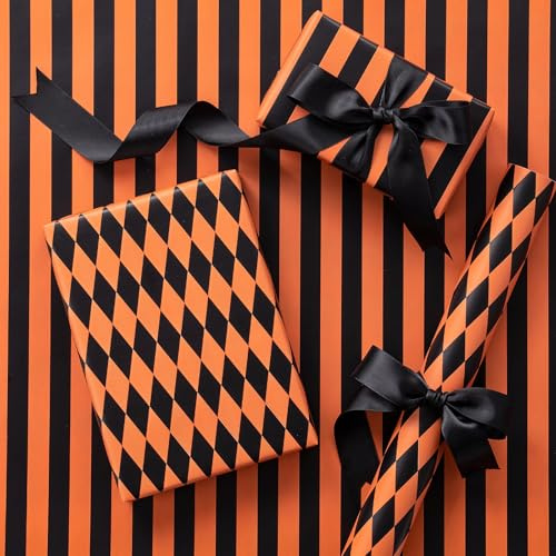 RUSPEPA Vändbar omslagspappersrulle, minirulle, orangea svarta ränder och diamantmönster presentpapper för tonåringar, halloween, höstfest, födelsedag, läskig firande, karneval, 43,2 cm x 5 m