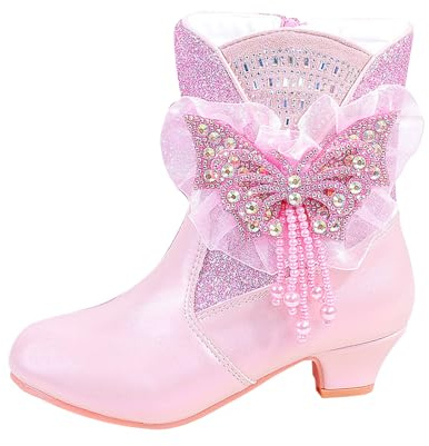 Botas y botines para niña, zapatos de tacón alto, de moda e informal, para niños de 6 a 8 años, adornados con pedrería, cremallera lateral, zapatos de equitación de moda occidental
