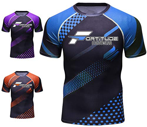 Fortitude MMA Rashguard | No Gi BJJ Rash Guard pour la Lutte de soumission et Arts Martiaux Mixtes | Chemise de Compression à Manches Courtes (Bleu, Small)