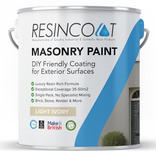 Resincoat Masonry Paint, Durable Exterior Paint for Walls & Outdoor Surfaces, Weather Resistant, Low VOC Single Pack Acrylic Resin Formula, Up to 50m2 Coverage, Smooth Matt Finish, Light Ivory, 5KG