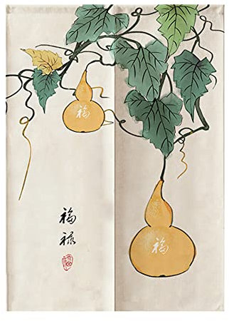 Oduo Noren Rideau de Porte Japonais Long Coton et Lin, Rideau Demi-Porte, Rideau de Séparation de Cuisine de Restaurant, Tapisserie Décoration, Style Chinois (Courge de Vigne,75x150cm)