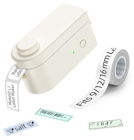 Makeid Bluetooth Etikettiergerät mit Schriftband, Tragbares Beschriftungsgerät Etikettendrucker Selbstklebend für Zuhause, Büro und Schule, Wireless Label Maker für iOS & Android Weiß HD