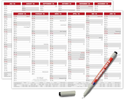 TOBJA abwischbarer Wandkalender 2026 A4 - Rot Jahresplaner 2026 abwischbar, inkl. Stift. Tafelkalender 2026, Robuster Kalender A4