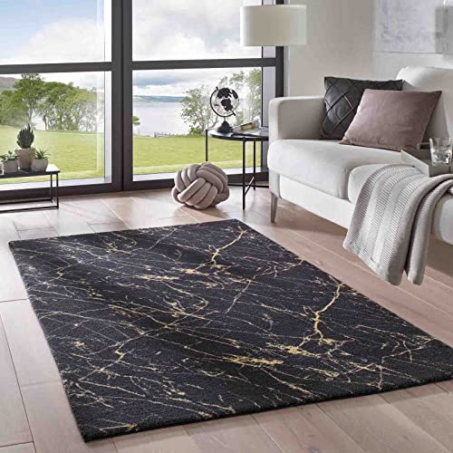 Taracarpet Teppich Supersoft Kurzflor-Teppich Valetta Marmor Blitz modern marmoriert waschbar für Wohnzimmer Schlafzimmer Jugendzimmer Badezimmer aus Polyester schwarz-Gold 060x120 cm