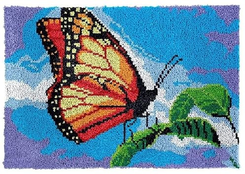 Latch Hook Kit for Adults & Kids Complete DIY Rug Making Craft Kits with Yarn & Canvas and Crochet Needle, Adult Craft Kits for Women, Relaxing Home Art Project - Butterfly and Leaves 50x38cm