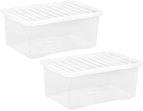 CHPL 2x 45 Litre Large Crystal Clear Plastic Storage Box With Secure Clip on Lid Stackable Organizing Box Transparent Container For Bedroom, Garage, Office (45 Litre)