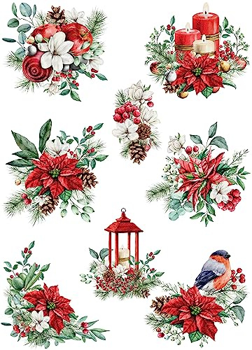 Carta di riso con bouquet di Natale, 29,21 x 40,64 cm, 8 immagini uniche stampate su carta di gelso da 36 g/m², fibre visibili, per decoupage e lavori di ristrutturazione di mobili.