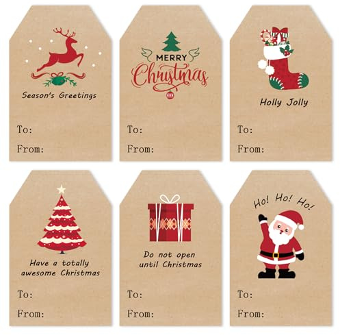 Christmas Stickers Gift Tags, 96Pcs Christmas Labels Gift Stickers, Self-Adhesive Christmas Name Tags for Xmas Gifts Wrap Presents Boxes Decoration, 2 x 3 Inch, Natural Kraft Paper Stickers