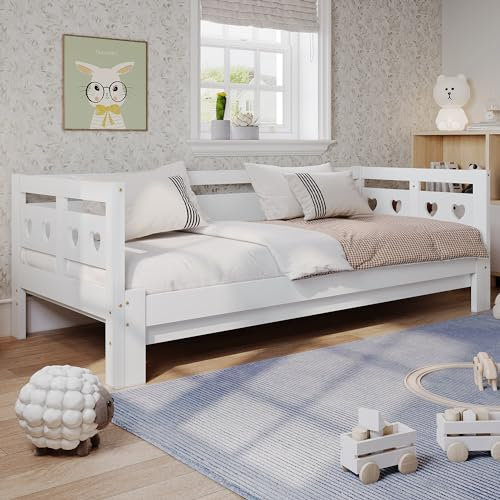 ANIROY 3FT Cabin Bed, Wooden Single Sofa Guest Pull Out Trundle, Heart-Shaped for Children Adults, Living Room and Bedroom, 90x190 cm, White