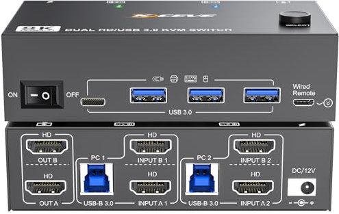 8K HDMI KVM Switch 2 Monitors 2 Computers 8K@60Hz 4K@144Hz, MLEEDA USB 3.0 Dual Monitor KVM Switch for 2 Computer Share 2 Monitor and 4 USB3.0 HUB,Wired Remote,12V Power Adapter and USB Cable Included