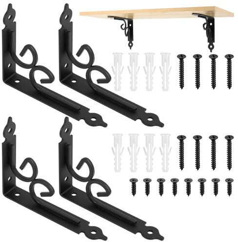 4 Stück Regalwinkel Regalträger, Regalhalterung Regalwinkel Schwarz, Schwerlast Regalkonsole, 90 Grad Metallwinkel für Wandhalterung Regalbretter, Antik Schwimmenden Regalhalterungen, 115x150mm