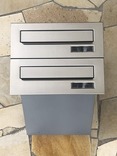 ALSTEN TECH 2er Zweifach Mauerdurchwurf Briefkasten für Mehrfamilienhaus oder Büro - Briefkastenanlage zum Einmauern für 2 Familienhaus 2fach Einbaubriefkasten Silber + Edelstahl V2A Rostfrei