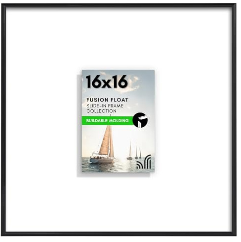 Americanflat 16x16 Floating Picture Frame with Polished Plexiglass - Use as 5x7 Frame with Mat or 16x16 Frame Without Mat - Fusion Float Collection - Slide-in Picture Frame for Wall Display - Black
