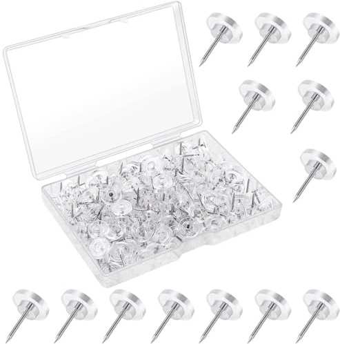 200 st genomskinliga tryckstift, häftstift, genomskinliga plasthuvudstift, stålspetspinnar, platt tryckstift med förvaringslåda, för korkbrädor anslagstavlor för skola, kontor, korktavlor
