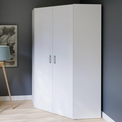 Forte ECONOBOX 2 Eckkleiderschrank 115 120, 2-türiger Drehtürenschrank, Holzwerkstoff, Weiß, 116,8 cm breit, 210,5 cm hoch, 116,8 cm tief
