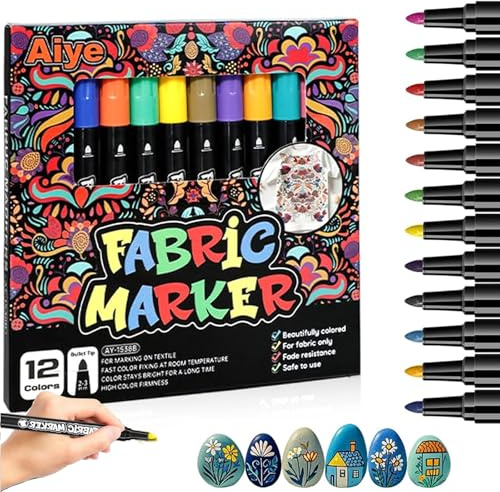 Nurila 12 Textilstifte Waschmaschinenfest, Textilfarbe Stofffarben Waschfest, Stofffarbe Textilmarker Für T-Shirts, Stofftaschen Und Andere Textilien Jutebeutel Stoffbeutel Babyparty Kindergeburtstag