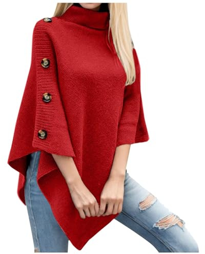 Ponchos y capas de punto para mujer, suéter, cárdigan, manta elegante, rojo, Talla única
