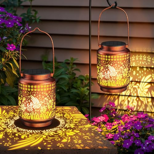 KOOPER 2 Pack Solar Lanterns Outdoor Waterproof Mothers Day Gifts for Women Mom Grandma, Metal Hummingbird Hanging Solar Lantern Outdoor, 2 Modes Outdoor Decoration for Yard, Patio, Garden, Porch