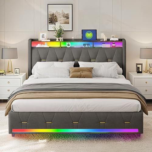 XMETPR 160x200 cm Sängram med 4 lådor, linne, grå | Klädd säng med LED-belysning, hylla i sänggavel, 1 USB & 1 Type-C-port, ribbottenstöd, laddstation.