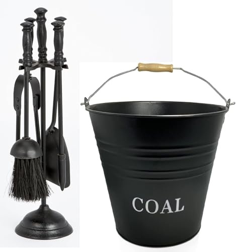 12L Coal Bucket & 16 Fireside Companion Set – Black Cast Iron 5 Piece Fireplace Tools with Stand, Poker, Brush, Tongs & Shovel – Traditional Fire Stove Accessories for Hearth & Log Burners