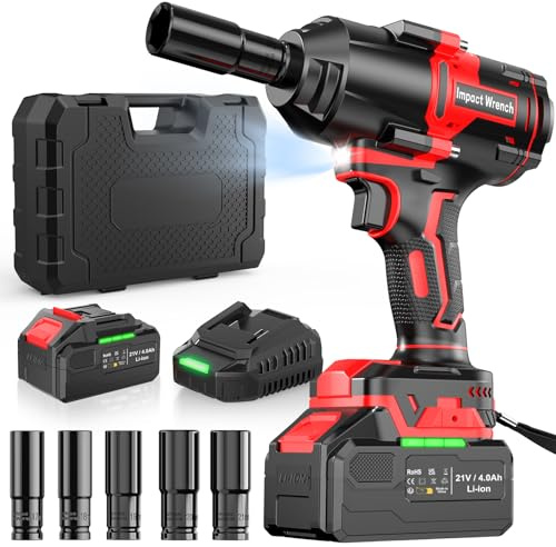 Bamse Impact Wrench Cordless, 1/2 Brushless Impact Driver 21V, 738Ft-lbs(1000N.m) High Torque Electric Impact Gun with Battery 4000mAh,Fast Charger & 5 Sockets,Power Impact Driver for Car and Home