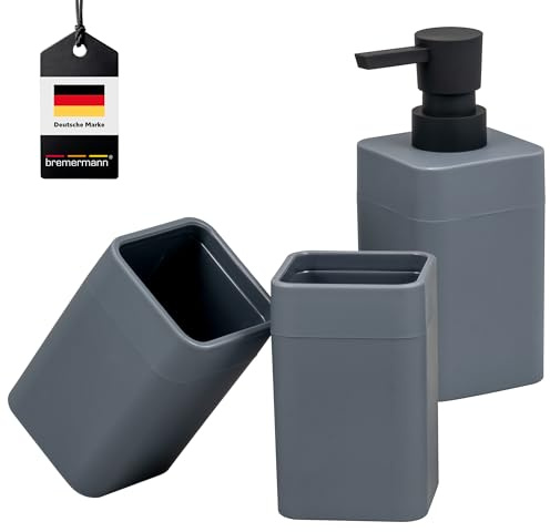 bremermann Badezimmer-Set Savona mit Soft-Touch Oberfläche, eckiges Bad-Accessoires Set 3tlg. aus 1x Seifenspender und 2X Becher, für Badezimmer, Gäste-WC und Küche aus schwarzem Kunststoff (Grau)