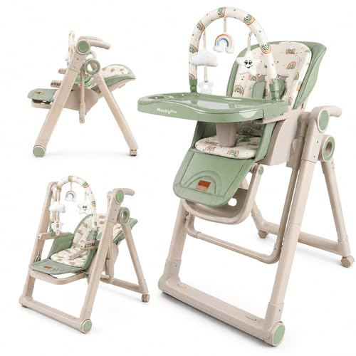 Twinly Movity Plus Trona Evolutiva Bebé 2 en 1 con Hamaca Balancín, Verde | Plegable, Ruedas con Bloqueo, Altura Ajustable, Arnés de 5 Puntos, Hasta 15 kg