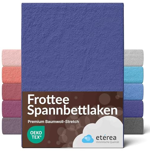 Frotté dra-på-lakan 140x200-160x200 cm Marinblå - etérea 80% bomull, resår runt om, kanthöjd 15-25 cm, MADE IN GREEN by OEKO-TEX, tvättbart i 60°C, för madrasser och kontinentalsäng
