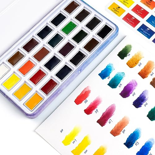 Paul Rubens Watercolour Paint Set, 24 Colours Solid Watercolor Paint Blue Portable Metal Case with Palette Highly Pigmented Prefect for Beginner, Hobbyist and Student.