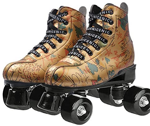 Rollschuhe für ältere Kinder, Fashion Golden Skates Uppers Doodle Pattern, Classic High-Top PU-Leder Zweireihige Skates für Indoor und Outdoor (39,Schwarz)