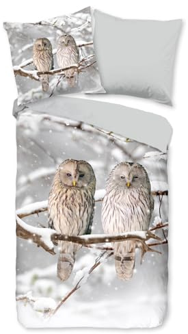 ESPiCO Bettwäsche Trendy Bedding Schneeeulen Grau Wintervögel Tier Eule Vogel Naturmotiv Flanell, Größe:135 cm x 200 cm