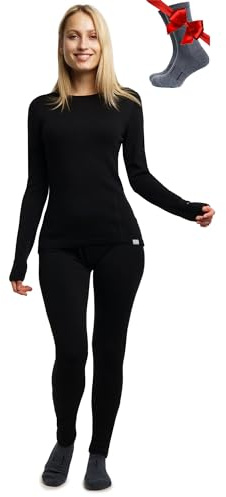 Merino.tech Completo Lana Donna Merinos - Intimo Termico Merino Maglia e Pantalone con Calzini Leggero, Medio, Pesante 250 Black Set