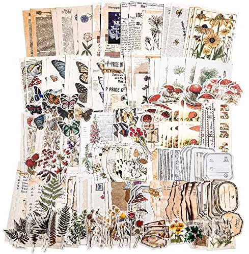 Vintage Scrapbook, 200 Stück Vintage Natur Aufkleber, Aesthetic Stickers, Selbstklebende Journaling Natürliche Blume Pflanze Pilz Aufkleber, Retro DIY Stempel DIY Dekoration Bilderrahmen