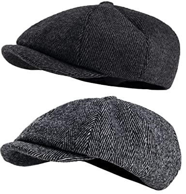 2 Pack Newsboy Cap Peaky Herringbone Baker Boy Flat Caps for Men Women (Black and Gery)