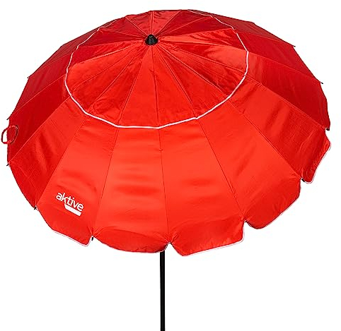 AKTIVE Parasol de plage anti-vent avec protection UV50, parasol de plage réglable en hauteur et mât inclinable, ultra résistant au vent, livré avec sac de transport, rouge, Grande